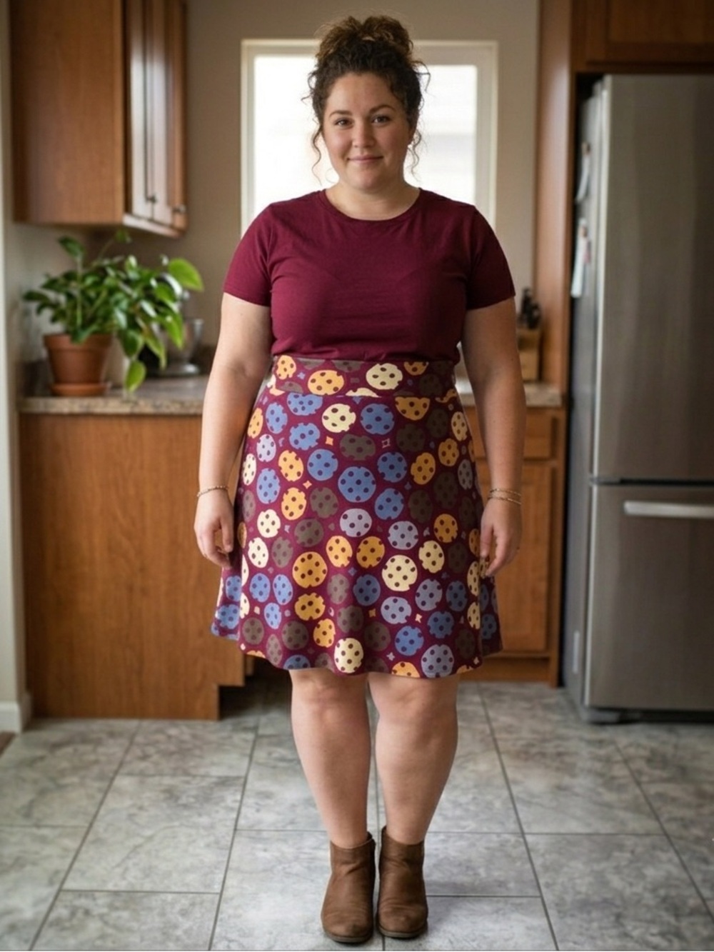 LuLaRoe Burgundy A-Line Skirt with Multicolor Polka Dots